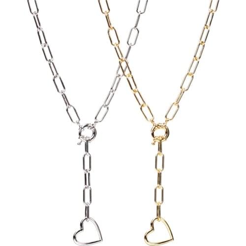 EYIKA Hiphop Rock Copper Geometry Heart Star Square Lock Charm Pendant Necklace for Women Thick Gold Link Chain Choker Jewelry