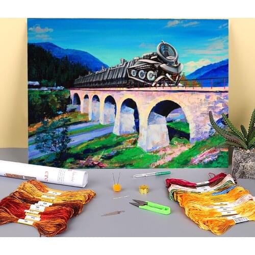 Landscape Train Pre-Printed 11CT Cross Stitch Complete Kit Embroidery DMC Threads Handicraft Knitting Craft Handmade Design