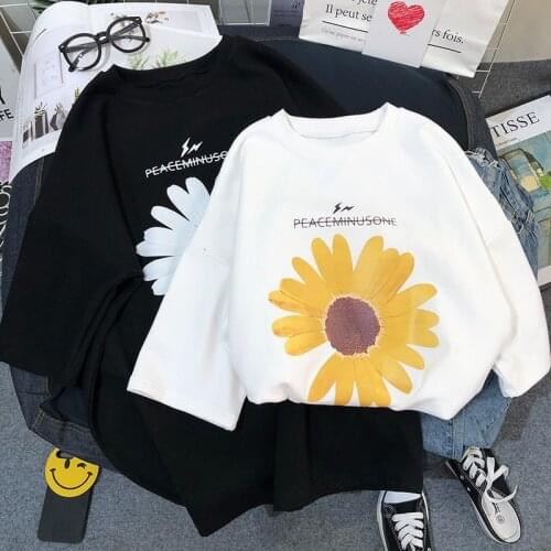 Casual Tee Shirt Femme Tops 100% Cotton Plus Size Summer Korea Fashion Women Short Sleeve Loose O-Neck T-Shirt Daisy Print