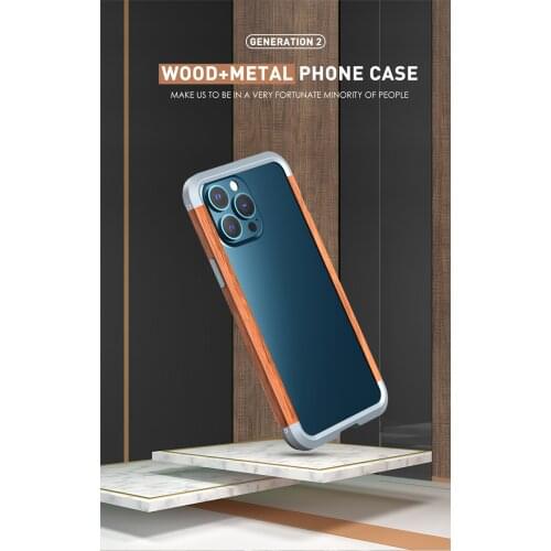 R-JUST Luxury Aluminum Metal Wood Bumper Case for iPhone 13/13 Pro Max Slim Natural Wood for iPhone 13 mini Brand Phone Cover