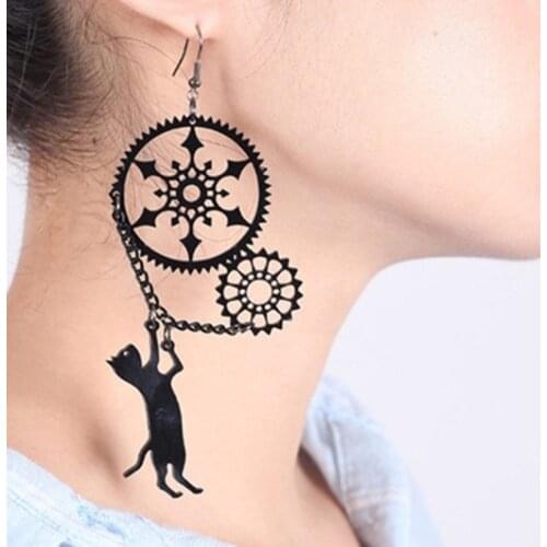 1 PAIR Funny Big Pendant Playful Steampunk Black Cat Earrings for Women Girls Jewelry