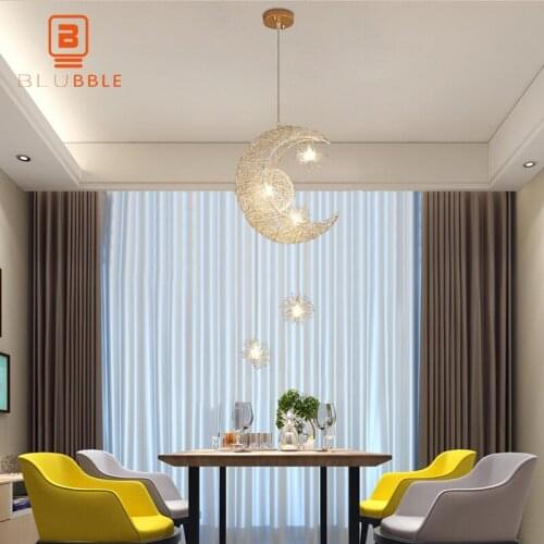 BLUBBLE Bedroom Pendant Light Modern Pendant Lamp for Home Moon Star Light Wicker Dining Room Decor Lighting Fixture