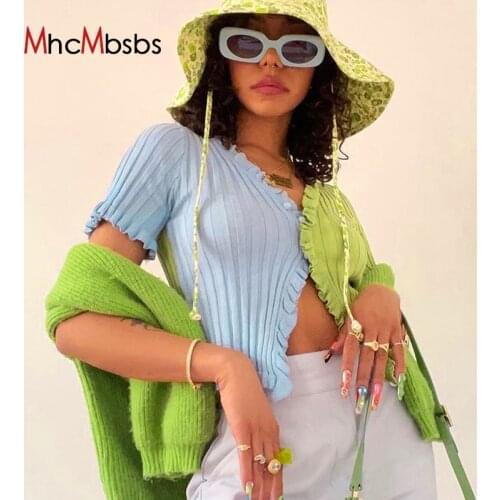 Kawaii Bicolor Short Sleeve Top Women 2021 Summer Sexy V Neck Vintage Cropped Tshirt Ruffle Patchwork Cute Button Up Tee