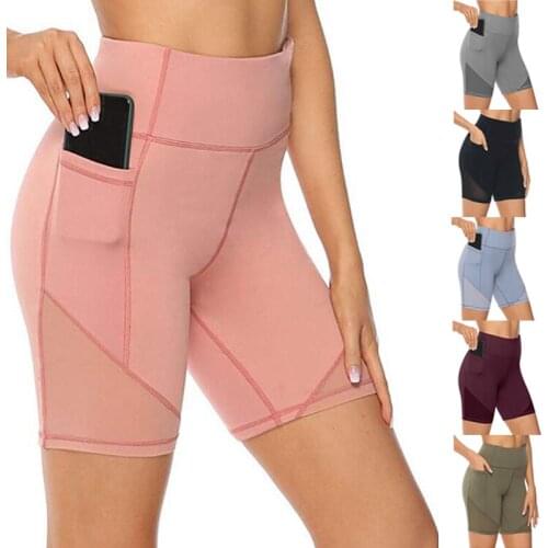 Womens Solid Pocket Quick-Drying Fitness Yoga Sports Shorts Tight High Waist Gym Casual Shorts Short Yoga Sports Pants