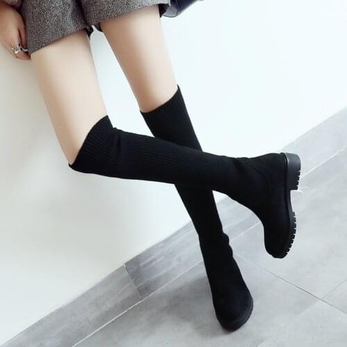 Womens Over The Knee Boots New Autumn Knitted Shoes Lolita Female Low Heel Skinny Elastic Stocking Round Toe Boots Plus Size