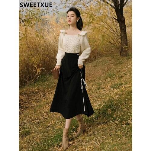 SWEETXUE Fashion Sweater With Skirt Womens Square Collar White Top + Black High Waist Long Skirt Retro 2 Piece Set Outfits Fema