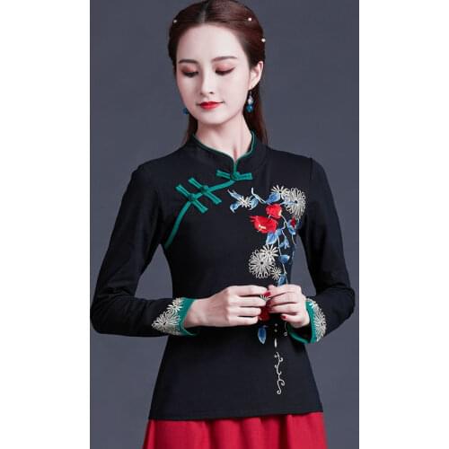 Cheongsam Womens Plus Size Tops 2021 Autumn Cotton Blend Splicing Stand Collar Embroidery Chinese Style Qipao Retro Shirts Woman