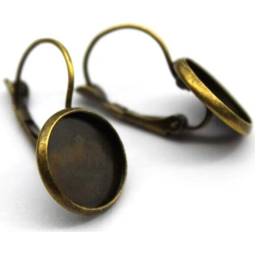 12mm 10pcs Earring Hooks Round Copper Plated Cabochon Antique Bronze Brass Cameo Tray Settings Earring Blank Base