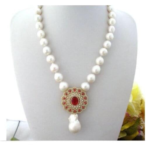 18" White Keshi Keishi Baroque Pearl Necklace Luster Crystal Flower&Pearl Pendant