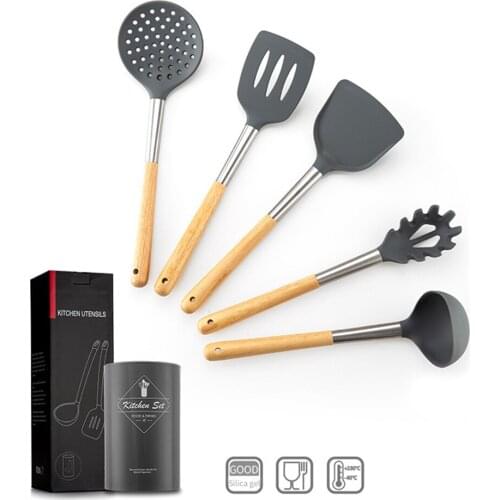 6 PCS Silicone Cooking Utensils Set Kitchen Tools Non-Stick Spatula Shovel Wooden Handle Cooking Tools Set With Storage Box