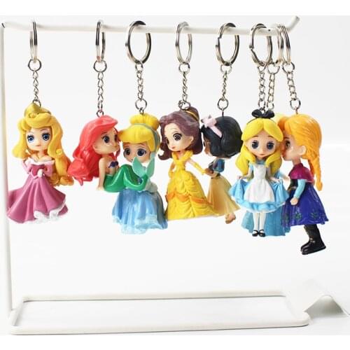 8pcs/lot Disney Princess Keychains Snow White Belle Cinderella Mermaid Pendants PVC Action Figure Collection Model Toy Gift