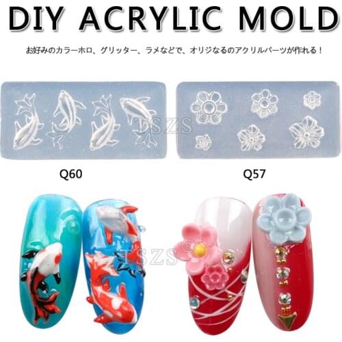 8pcs/lot Q series(Q54-Q63) Acrylic Powder Sculpture Mold Silicone Nail Art Flower Fish Angel Wing Template Manicure