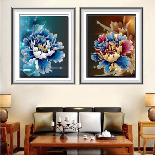 Diamond Embroidery Mosaic Painting Cross Stitch Full Round Drill Blue and Colorful Peony DIY 5D/3D Sale Decoration Gift