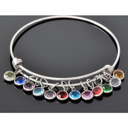 Fashion Stainless Steel Expandable 1.5mm Wire Bangle Bracelet with Colorful Birthstone Adjustable Bracelets for Men Women