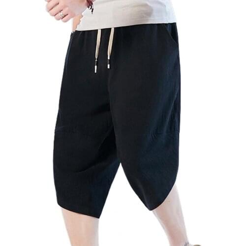 Summer Men Elastic Waist Solid Color Capri Pants Wide Leg Irregular Hem Thin Men Short Pants Casual Loose Sweatpants штаны