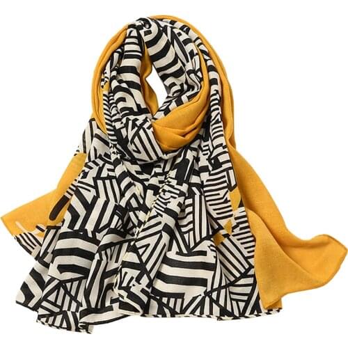 Hot Print Spring Women Scarf Cotton-Linen Hijab Large Geometric Striped Shawl Wraps Bandanas Foulard Femme Vintage Neckerchief