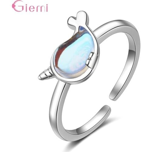New Design 925 Sterling Silver Creative Personality Cute Dark Blue Fish Dolphin Adjustable Open Ring Fashion Jewelry