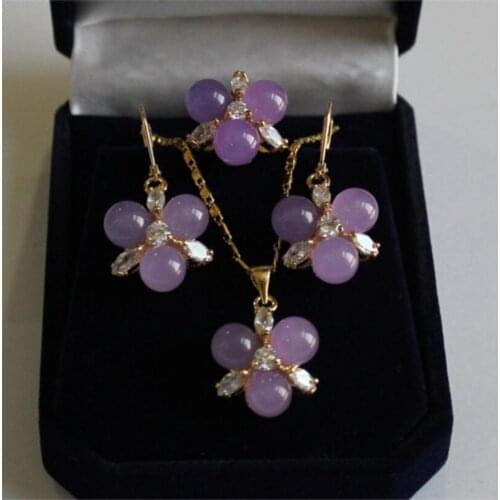 8mm purple jade metal gold plated Earring Ring Pendant Necklace Set