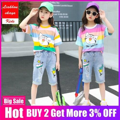 Liakhouskaya 2019 Summer Set For Girls Clothing Korean Kids Clothes New Year Costume Tracksuit Children Tiger T-shirt+denim Pant