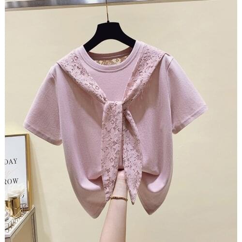 Lace Patchwork WomenT-Shirts Summer New Design Bow 2021 Solid Elegant Office Lady Pulls Tops Tees