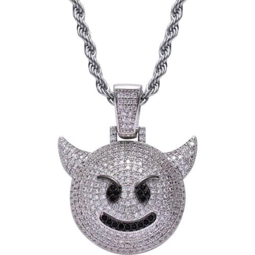 Iced Out Demon Necklace & Pendant with 3mm Rope Chain Gold Silver Color Bling CZ Mens Hip Hop Rock Jewelry for Women Kids