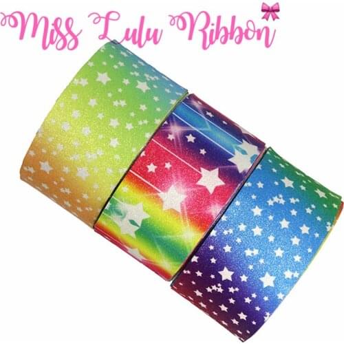3"75mm Star Series Colorful Galaxy Stripes Shiny Glitter Leather Fabric Ribbon DIY Gift Bowknots Hair Band Making 50yards/roll