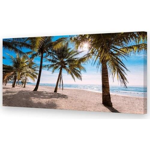 Seascape postert Canvas Wall Art Sun Summer Blue Ocean Waves Coconut Trees on Sands Beach Painting Sea Nature Pictures home deco