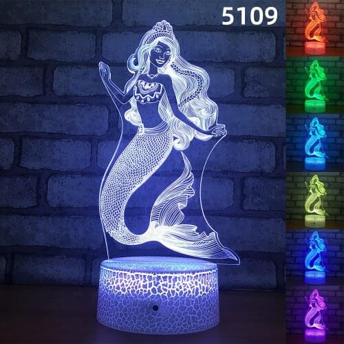 Cartoon Mermaid Acrylic 3D Night Lights Children Bedroom Mood Lighting Gift for Girl USB Desk Table Lamp 7 Color Change Lamp