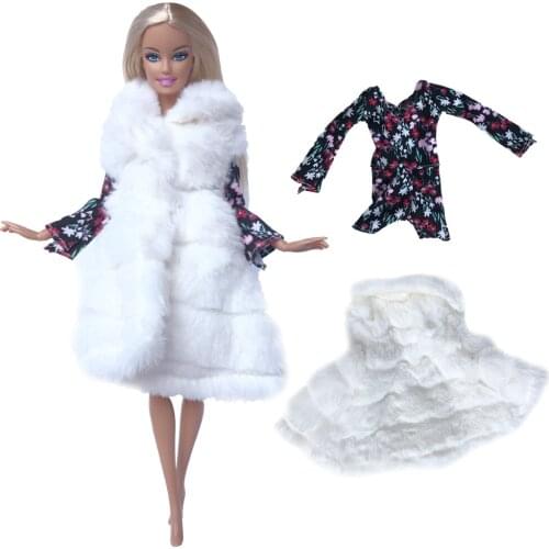 2 Pcs/ Set Doll Outfit White Soft Fur Coat + Fashion Dress Winter Warm Casual Wear Accessories Clothes for Barbie Doll Kids Toy