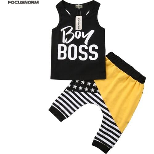 New Fashion Infant Toddler Baby Boys Outfits Clothes Sleeveless Tops T-shirt+Striped Pants 2PCS Set