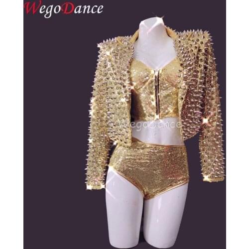 New Women Sparkly Rivets Sequins Jacket Bra Short Set Birthday Prom Outfit Singer Dancer Costume Bar Outfit Set