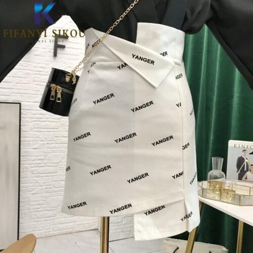 2020 Autumn Women High waist Skirt Letter Print Fashion Asymmetry White Mini Skirt Female Casual Sexy Package Hip Skirts