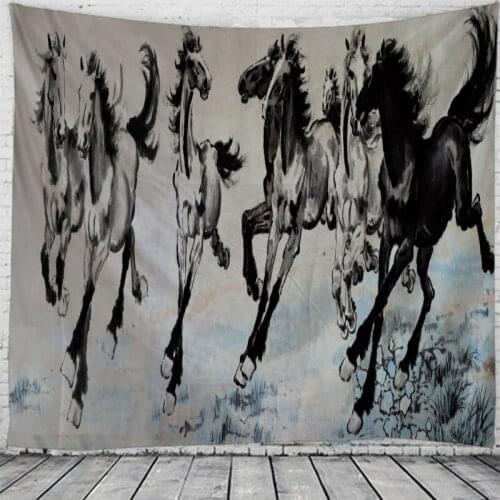 Landscape Painting Wash Painting Ink and Wash Horse Tapestry Wall Hanging Bed Spread Beach Towel Table Cloth Yoga Mat Large Size