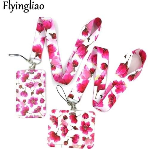 Red Flowers Creative Lanyard Card Holder Student Hanging Neck Phone Lanyard Badge Subway Access Cards Holder Accessories