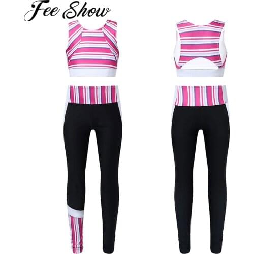 Toddler Kids Girls Gym Running Yoga Outfits Stripes Sleeveless Tracksuits Racer Back Tanks Crop Top Pants Sports Leggings Sets