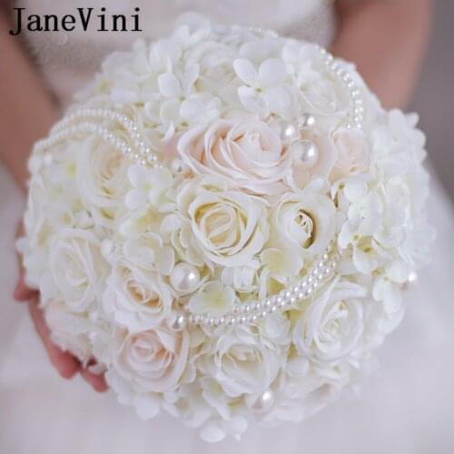 JaneVini 2018 Ivory Bride Flower Bouquet with Pearls Artificial Flowers Light Champagne Roses Wedding Bouquet Bridal Brooch