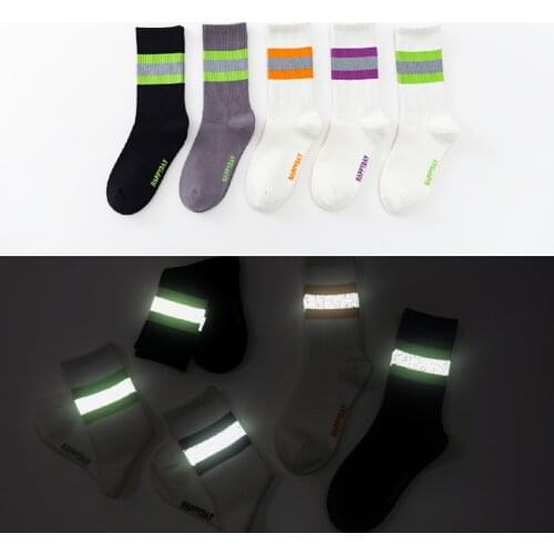 Reflective Trend Street Personality Skateboard Men and Women Hip-hop Sports In The Tube Luminous Three-bar White Fun Long Socks