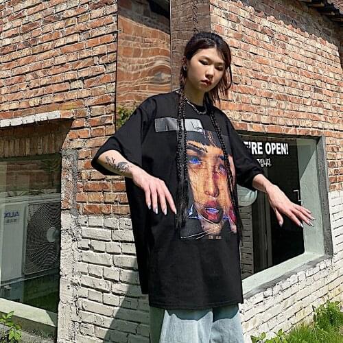 High street retro portrait print short sleeve dark mourning hiphop loose hip hop trendy T-shirts for men and women tees