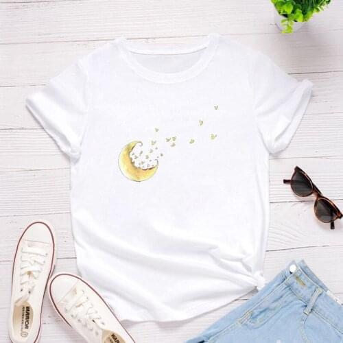 Ladies Fashion Tee Shirt Tops Clothes Camisetas Mujer Golden Moon Print Women T Shirt Short Sleeve O Neck Loose Women Tshirt