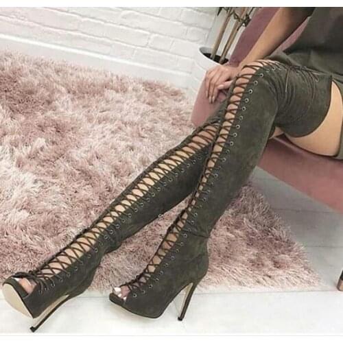 Moraima Snc Sexy Open Toe Lace-up Over the Knee Boots Army Green Black Suede Thigh High Boots for Woman Summer Gladiator Heels