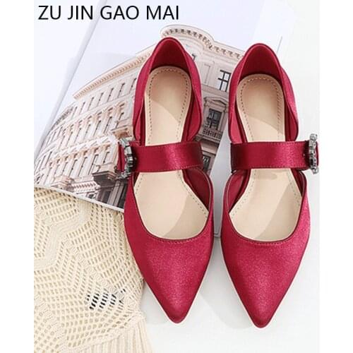 Wine Red Flats Shoes Woman Basic 2021 Fashion Satin Cloth Rhinestones Pointed Toe Shallow Hollow Flat Fashion Casual Women Shoe