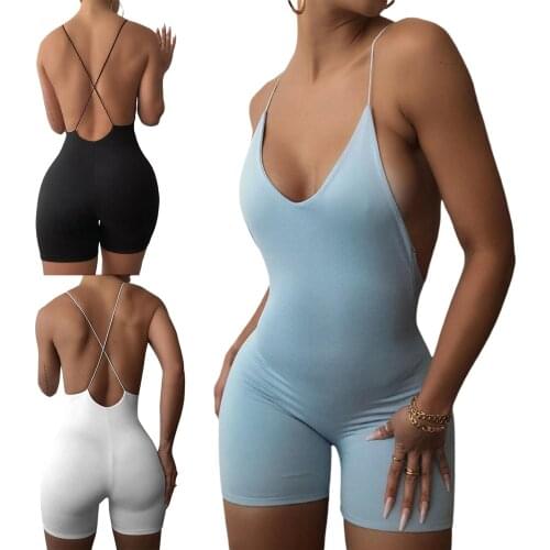 Womens Short Rompers Sling Close-fitting Overalls Solid Color Deep V-neck Backless Playsuit Black