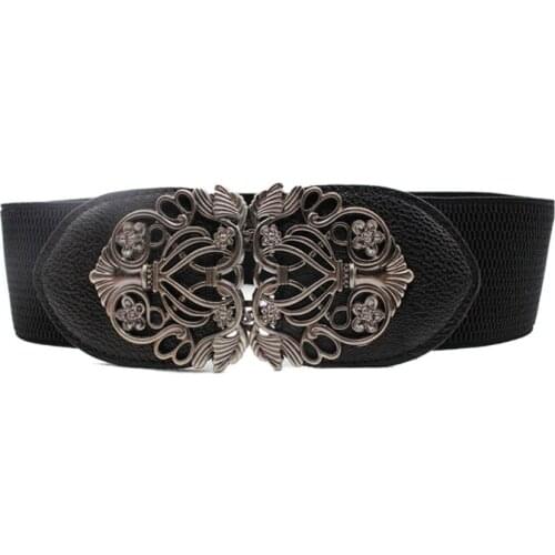 Alloy Flower Vintage Leather Fashion Women Wide Elastic Waist Belt Dress Belt Accessories Stretch Elastic Wide Corset Waist