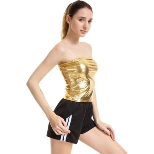 Ensnovo Women Liquid Metallic Strapless Tube Tank Tops Sexy Bandeau Clubwear Holographic Shiny Wetlook Leather Party Top