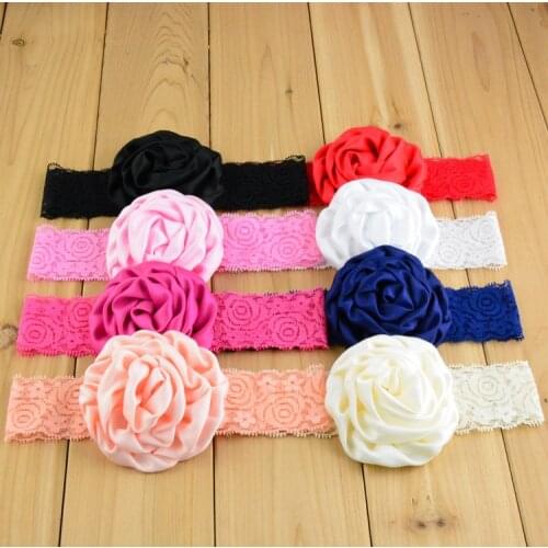 1Lot 40Pcs girls Girls Satin Rose Puff Flower on Elastic Lace Headband Photography Headbands Free Shipping FDA73