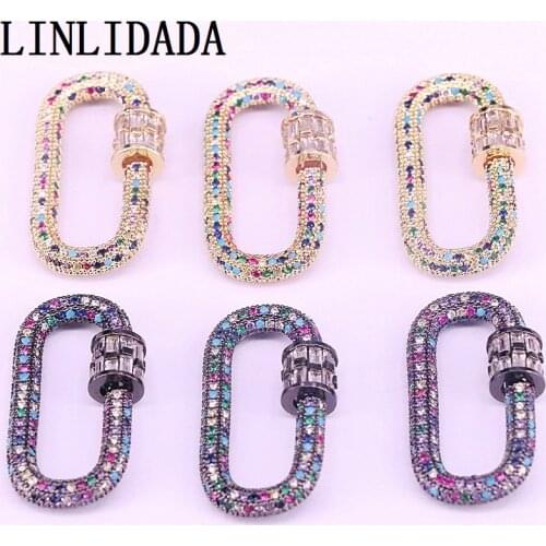 5Pcs, 17x31mm CZ Pave Oval Shape Screw Clasp, Multicolor CZ, Gold/GunBlack Plated, For Necklace Jewelry Making Chain Connector