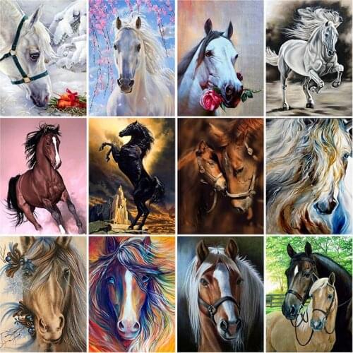 DIY 5D Diamond Painting Horse Couple Full Round Diamond Embroidery Cross Stitch Rhinestone Mosaic Paintings Landscape Wall Art