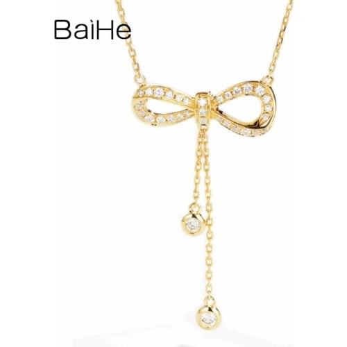 BAIHE Solid 18K Yellow Gold 0.28ct Round Natural Diamonds Wedding Fine Jewelry Gift Delicate bow diamond tassel necklace