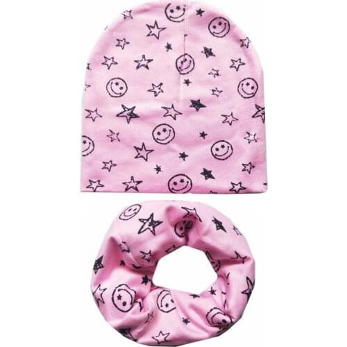 Autumn Winter Cotton Baby Hat Scarf Sets Smile Print Baby Boys Girls Hat Crochet Children Beanies Cap Kids Scarves Collar 2pcs