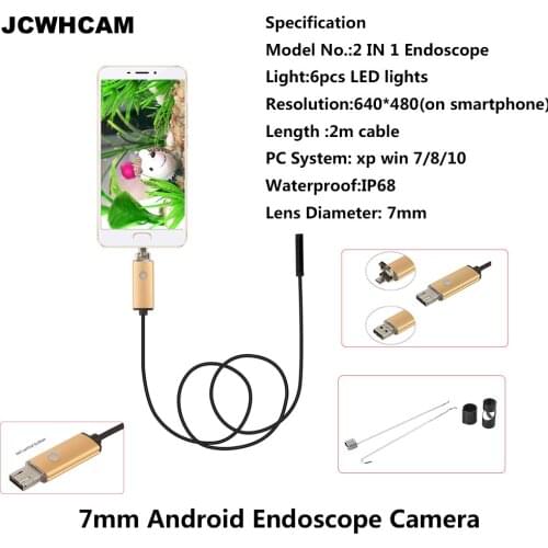 JCWHCAM 7mm 2M Cable USB Inspection Mini Camera Tube Snake IP67 Waterproof Endoscope LED Borescope for Endoscope Android Phone
